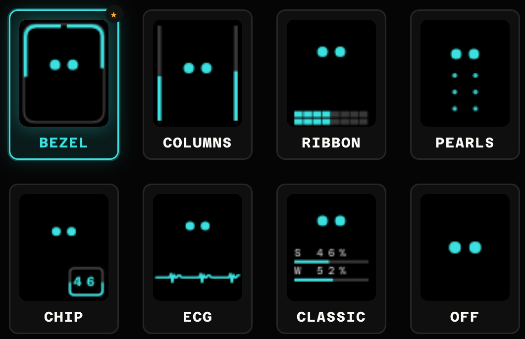 All eight ClauLi layouts: Bezel, Columns, Ribbon, Pearls, Chip, ECG, Classic, Off — real device renders