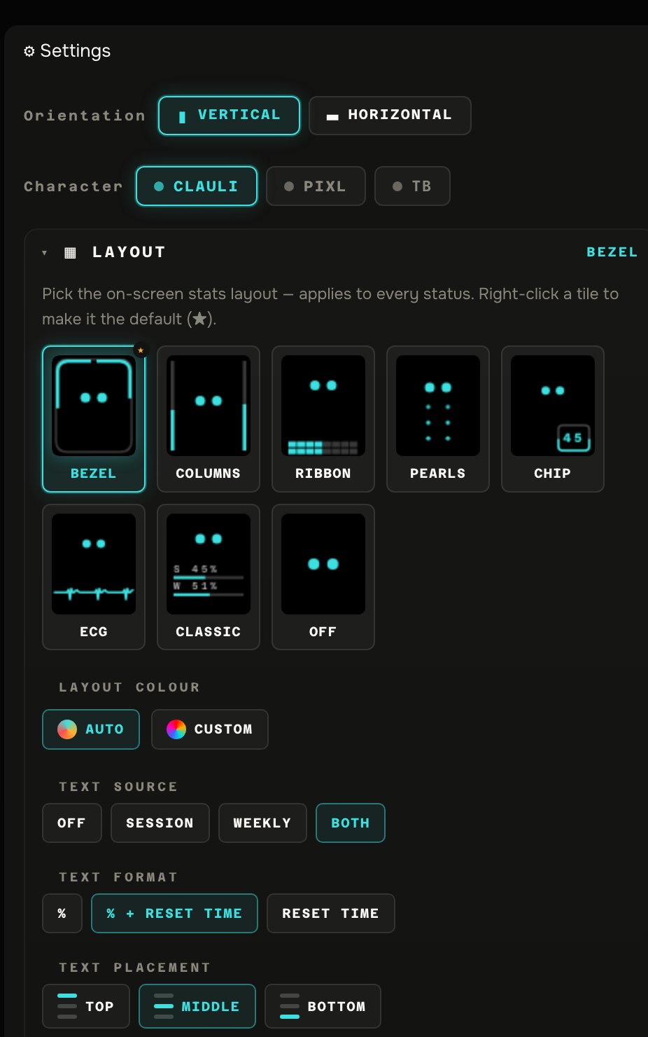 The real ClauLi web configurator — orientation, character, all eight layouts, layout colour and usage text